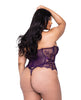 Load image into Gallery viewer, Sugar Plum Scalloped Eyelash Lace & Faux Leather Bustier w/Steel Boning & Thong Purple 1X