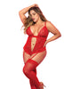 Lataa kuva gallerian katseluohjelmaan, Lace & Mesh Teddy w/Hook & Eye Crotch Closure w/Attached Garter Straps Red 2X/3X