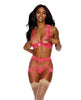 Załaduj obraz do przeglądarki galerii, Lace Underwire Peek a Boo Bra, Garterbelt & G-String Coral XXL