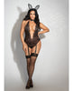 Cargue la imagen en el visor de la galería, Lace Gartered Teddy w/Attached Tail, Bow Collar & Ears Black QN