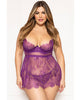 Load image into Gallery viewer, Floral Eyelash Lace Underwire Babydoll w/Thong 2 pc Set - Purple 3X/4X
