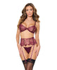 Load image into Gallery viewer, Stretch Scallop Lace Underwire Bra w/Garter & Satin G-String 3 pc Set - Mauve Plum LG