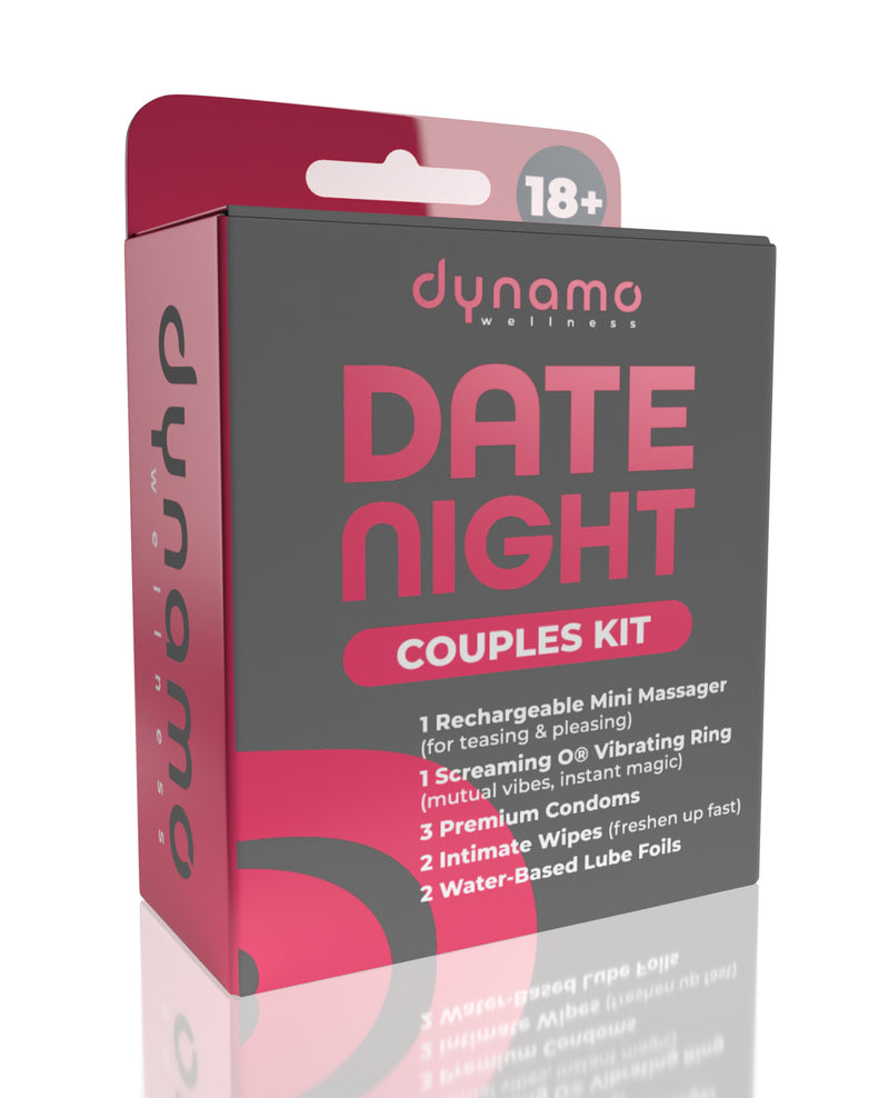Cargue la imagen en el visor de la galería, Kit de intimidad para una cita nocturna Dynamo con mini masajeador, anillo vibrador, condones y lubricante
