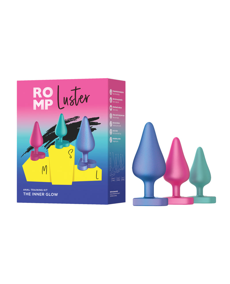 Load image into Gallery viewer, ROMP Luster Butt Plug Kit Multi Color Silicone Anal Toy Set Three Sizes