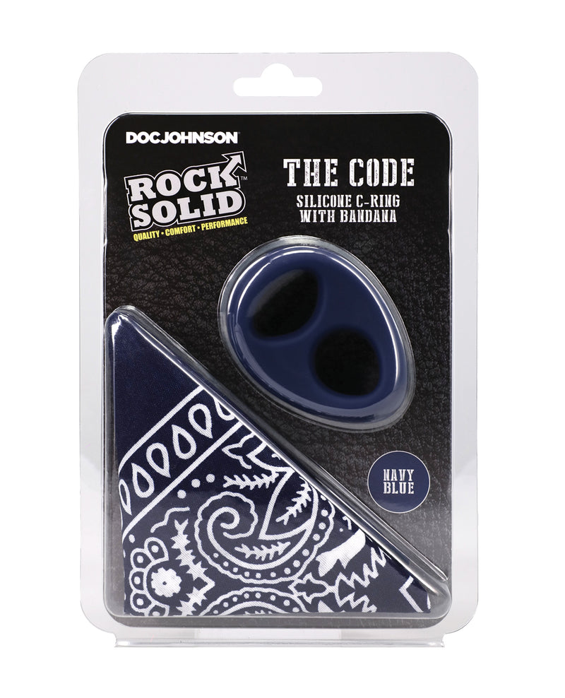 Cargue la imagen en el visor de la galería, Anillo para pene de silicona Rock Solid The Code y pañuelo cuadrado, azul marino y negro