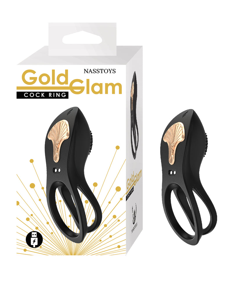 Indlæs billede i gallerifremviser, Nasstoys Gold Glam dobbelt silikonepenisring med sort nydelsesdetalje