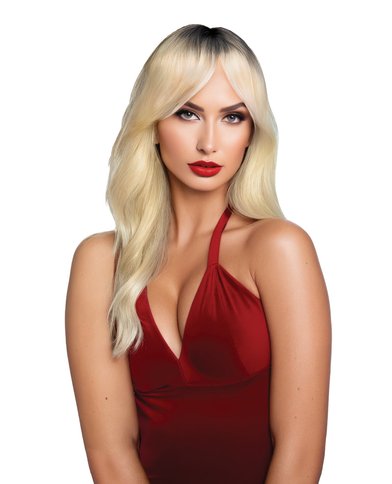 Cargue la imagen en el visor de la galería, Peluca Pleasure Wigs Margot rubio platino con raíces negras y flequillo cortina