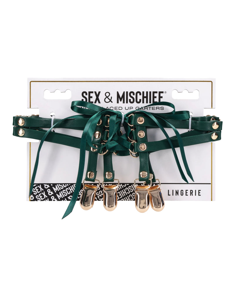 画像をギャラリービューアーに読み込む、Sex And Mischief Indica エメラルド フェイクレザー レースアップ太ももガーター