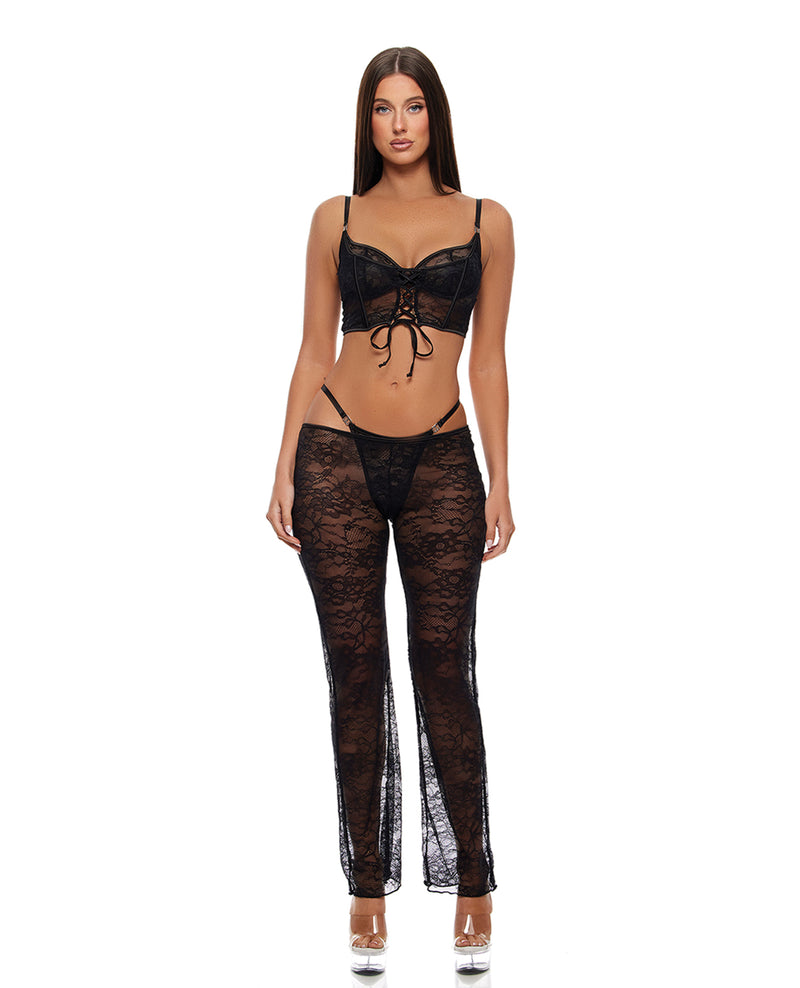 Charger l'image dans la visionneuse de la galerie, Ensemble 3 pièces Layer of Seduction avec soutien-gorge longline en dentelle et corset à baleines, noir