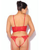 Charger l'image dans la visionneuse de la galerie, Ensemble grande taille composé d’un bustier en dentelle rouge et d’un string avec jarretelles dorées