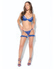 Încărcați imaginea în vizualizatorul Galerie, Set de lenjerie Madeline din dantelă și plasă albastru cobalt, cu sutien, portjartier și bikini