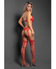 Carica l'immagine nel visualizzatore Galleria, Bodystocking rosso allacciato al collo in pizzo con schiena trasparente a rete a maglie larghe, taglia unica