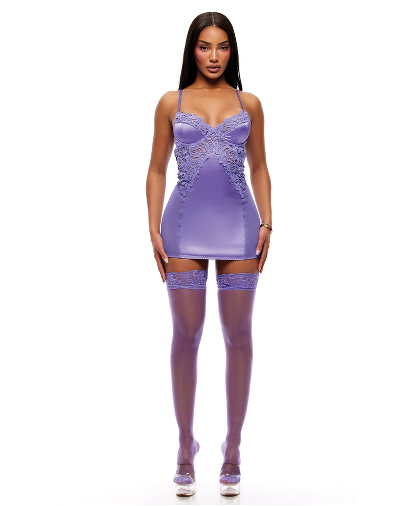 Load image into Gallery viewer, Guipure Lace Underwire Chemise Set With Thong And Thigh High Stockings Purple