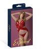 Cargue la imagen en el visor de la galería, Conjunto de lencería Merry Widow rojo con diseño entrecruzado, encaje festoneado y ligas