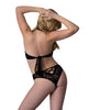 Cargue la imagen en el visor de la galería, Conjunto de sujetador bandeau y tanga de encaje negro con tiras, efecto mojado, con gargantilla con anilla O, Magic Silk