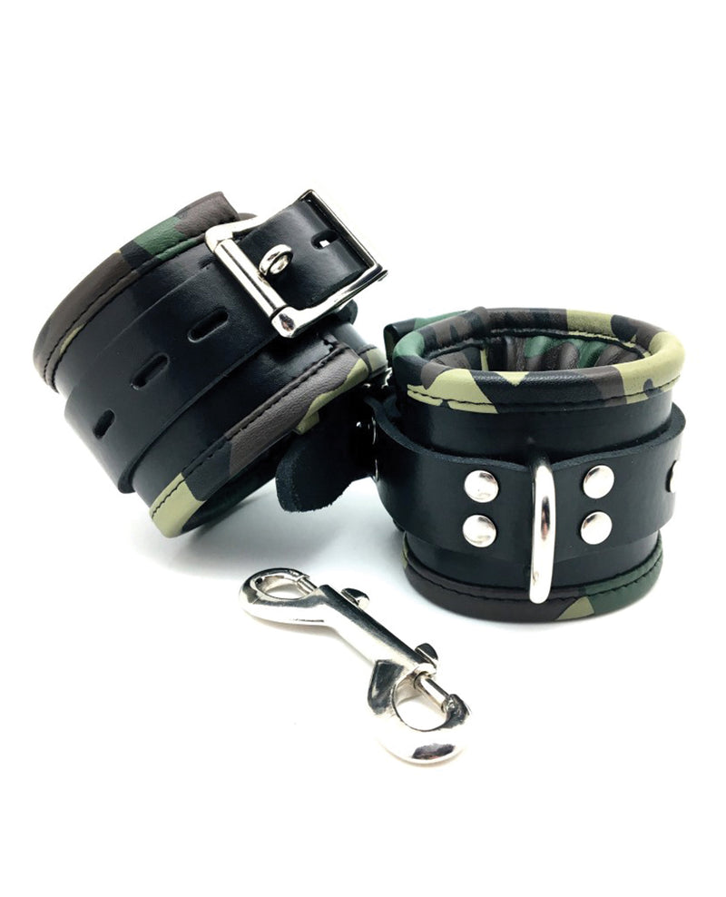 Load image into Gallery viewer, Sensual Sin Leather Padded Wrist Cuffs - Camo Piping