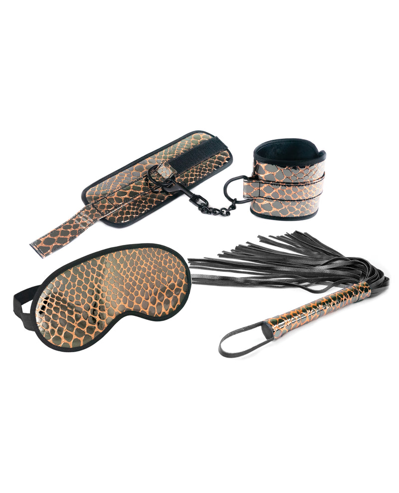 Încărcați imaginea în vizualizatorul Galerie, Spartacus Faux Leather Wrist Restraints Blindfold & Flogger Bondage Kit - Gold