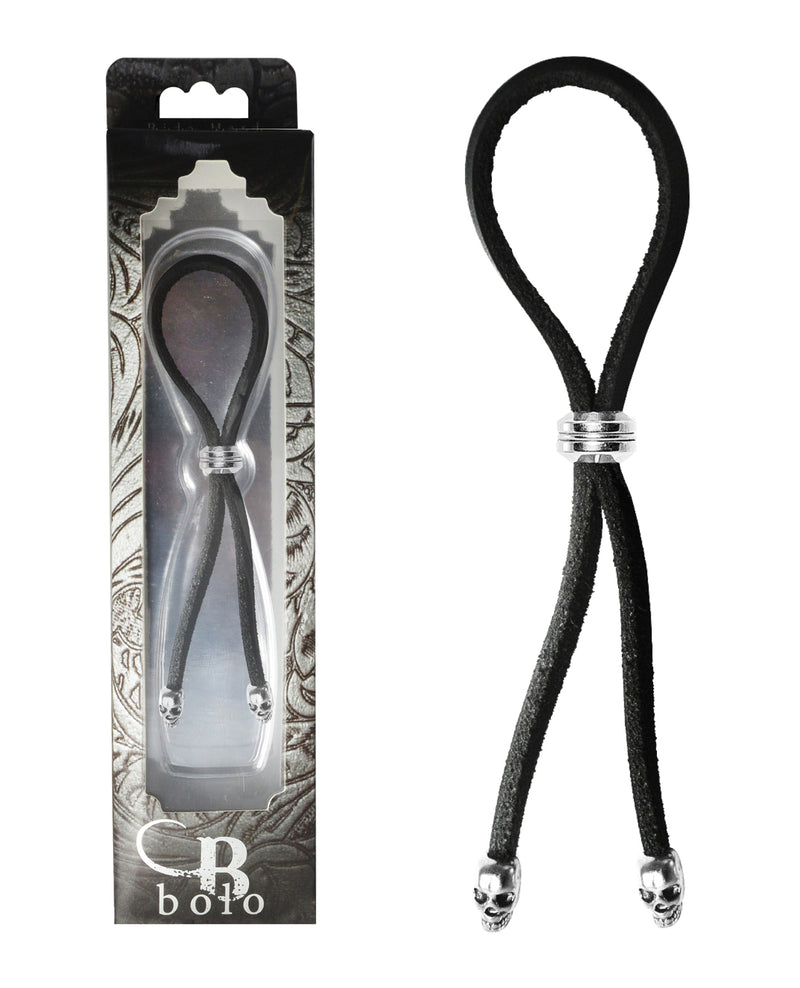 Cargue la imagen en el visor de la galería, Anillo para el pene Bolo de cuero con deslizador de cuentas y puntas de calavera - Negro/Plata