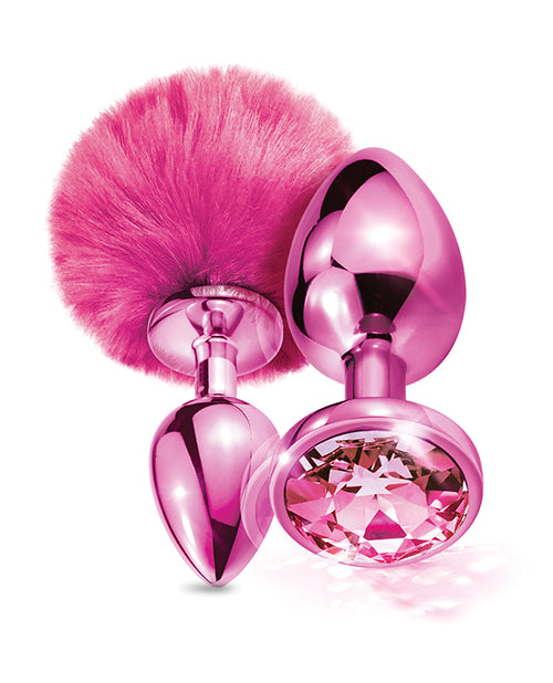 Load image into Gallery viewer, Nixie Metal Butt Plug Set w/Jewel Inlaid & Pom Pom - Pink Metallic