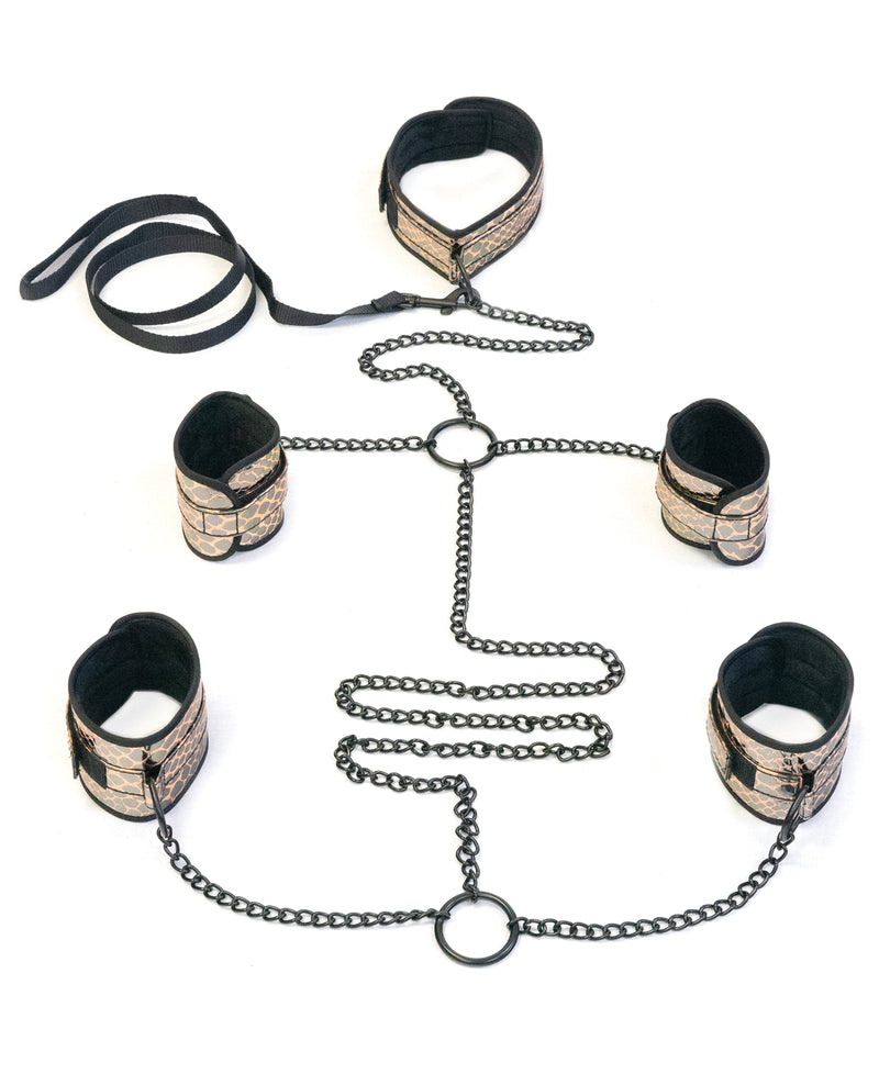 Load image into Gallery viewer, Spartacus Faux Leather Collar to Wrist & Ankle Restraints Bondage Kit w/Leash - Gold