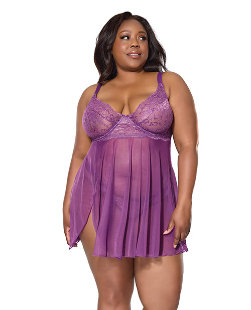 Afbeelding laden in Galerijviewer, Purple Metallic Lace Mesh Babydoll with Thong 1X 2X