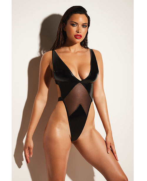 Afbeelding laden in Galerijviewer, FETISH Limitless Soft Cup High Leg Vinyl & Mesh Teddy Black 1X/2X