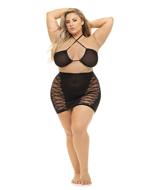 Load image into Gallery viewer, Pink Lipstick Hold On Tight Halter Bra & Skirt Black QN
