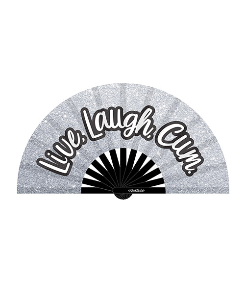 Load image into Gallery viewer, Wood Rocket Live Laugh Cum Fan Silver Glitter Folding Hand Fan Black White