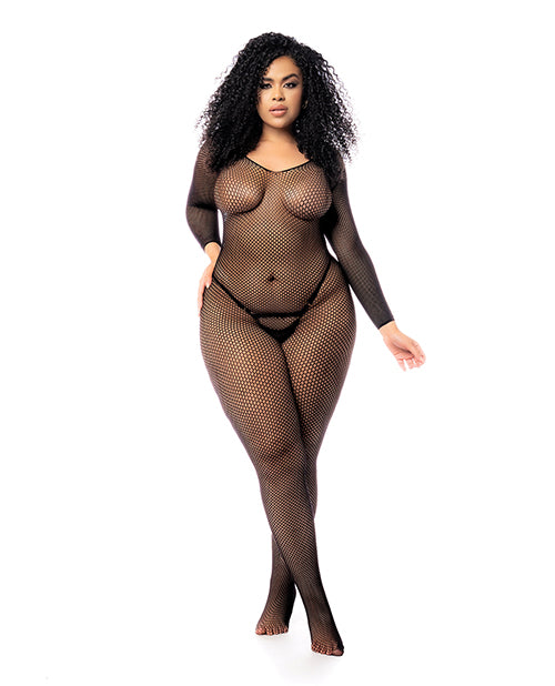 Load image into Gallery viewer, Long Sleeved All Over Fishnet Body Stocking Black QN