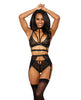 Carica l'immagine nel visualizzatore Galleria, Stretch Lace w/Satin Elastic Bra, Garter Belt & G-String Panty Black XXL