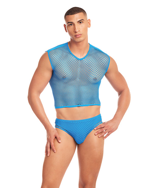 Load image into Gallery viewer, Rainbow Party Net-Flex Large Mesh 3 pc Set w/Thong - Blue L/XL