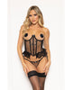 Load image into Gallery viewer, Lace and Dot Mesh Open Cup Bustier w/Hook and Eye Closure & Panty - Black XL