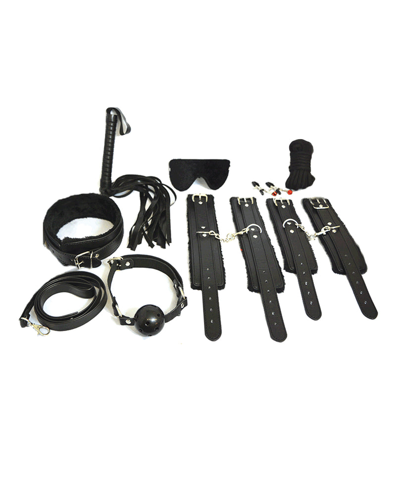 Załaduj obraz do przeglądarki galerii, Plesur 12 Piece Bondage Kit With Fleece Lined Cuffs And Collar Black