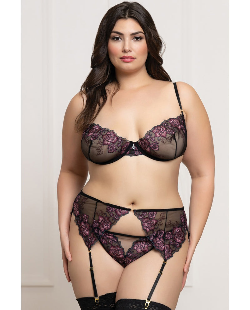 Load image into Gallery viewer, Floral Lace and Mesh Underwire Bra w/Garter & Thong 3 pc Set - Black/Purple 1X/2X