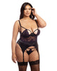 Load image into Gallery viewer, Demi Padded Shelf Cup Merrywidow w/Overlay Lace & Panty Black/Heliotrope 1X