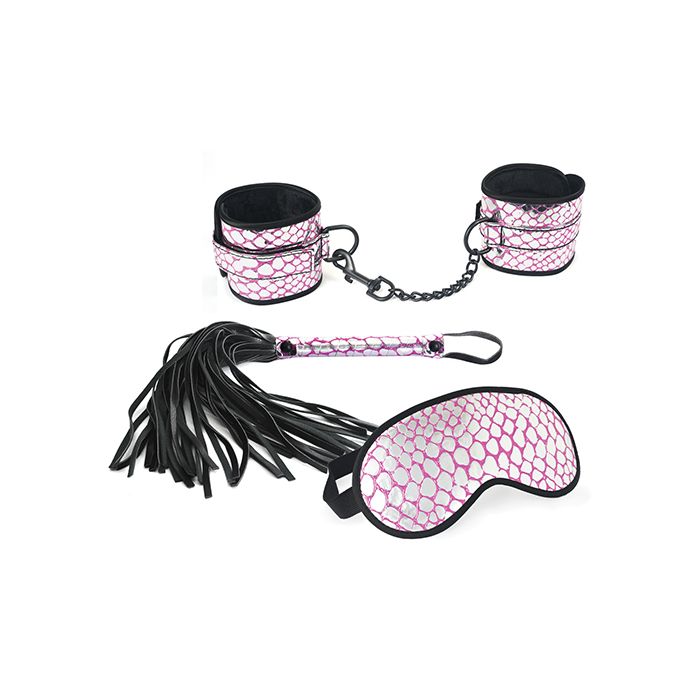 Load image into Gallery viewer, Spartacus Faux Leather Wrist Restraints Blindfold And Flogger Bondage Kit Pink Edition