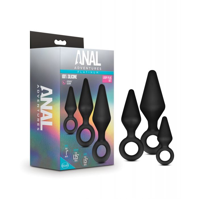 Indlæs billede i gallerifremviser, Platinum Ultrasilk Silicone Loop Anal Plug Kit With Ring Base 3 Sizes Black