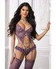 Φόρτωση εικόνας στο πρόγραμμα προβολής Gallery, Garter Corset Teddy And Stockings Set Mauve Merlot One Size