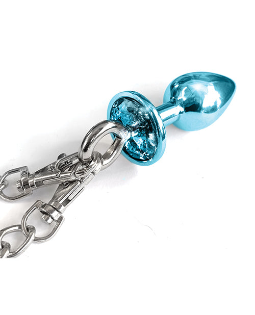 Bild in den Galerie-Viewer laden, Nixie Metall-Butt-Plug mit eingelegtem Schmuckstein & Pelzmanschetten-Set - Blau Metallic