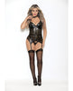 Cargue la imagen en el visor de la galería, Flame Fetish Femme Fatale Lasercut Lattice Bustier w/Choker & Thong Black SM