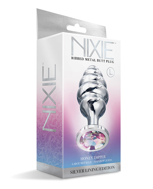 Load image into Gallery viewer, Nixie Honey Dipper Ribbed Metal Rainbow Jeweled Butt Plug - Large
