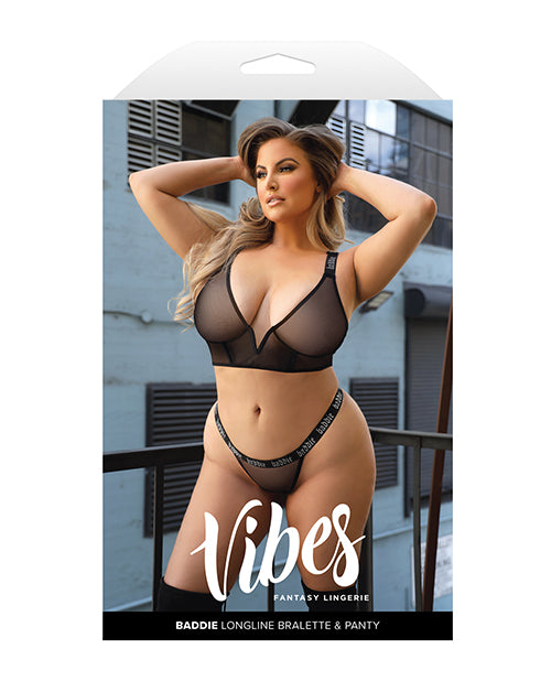 Încărcați imaginea în vizualizatorul Galerie, Vibes Baddie Glitter Mesh Long Line Bralette & Thong Black QN