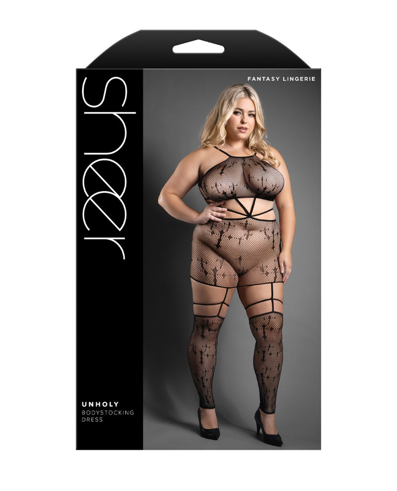 Load image into Gallery viewer, Sheer Unholy Gartered Bodystocking Dress Black Stockings