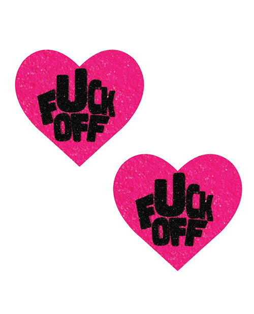 Load image into Gallery viewer, Neva Nude Fuck Off Glitter Blacklight Reactive Heart Pasties - Pink/Black O/S