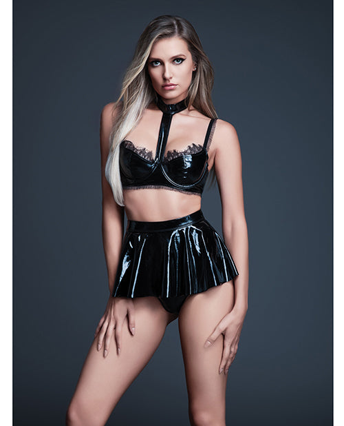 Load image into Gallery viewer, Allure Naughty Nights Latex Look Vinyl and Lace Choker Bra & Mini Skirt 2 pc Set - Black LG