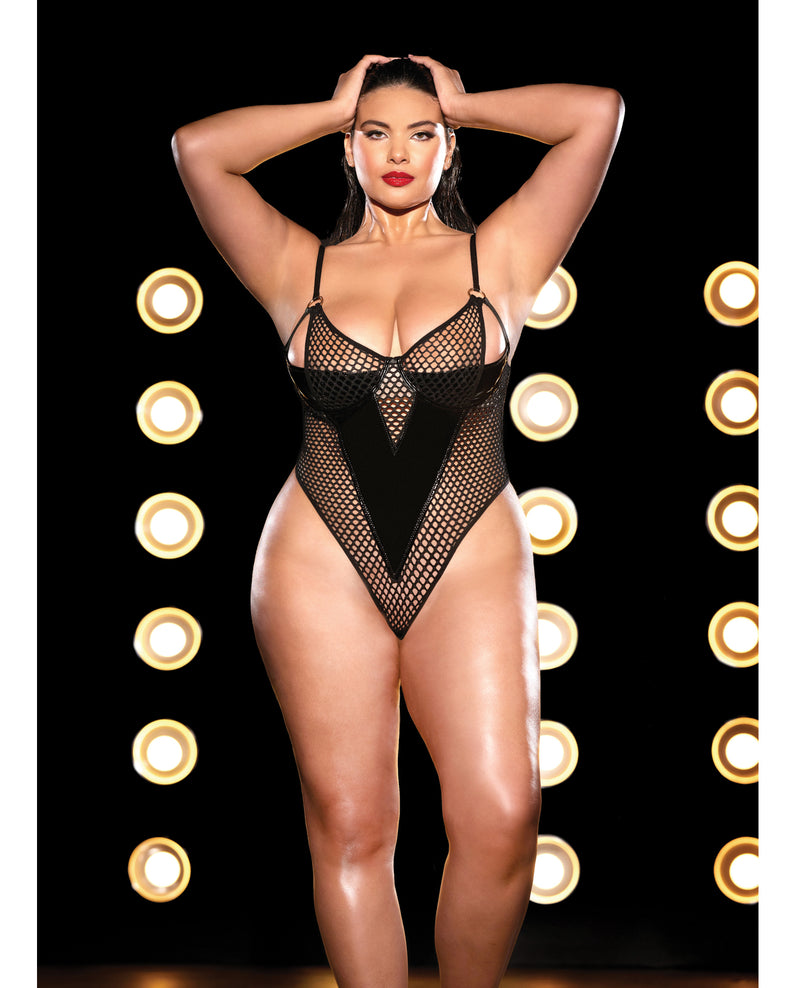 Cargue la imagen en el visor de la galería, FETISH Frisky Fishnet & Vinyl Shelf Cup Peek A Boo Teddy Black 2X