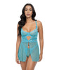 Cargue la imagen en el visor de la galería, Emma Floral Lace and Mesh Underwire Babydoll G String 2 Piece Set Beach Blue MD