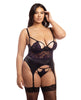 Load image into Gallery viewer, Demi Padded Shelf Cup Merrywidow w/Overlay Lace & Panty Black/Heliotrope 2X