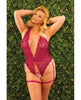 Load image into Gallery viewer, Scallop Stretch Lace Crotchless Teddy w/Lace Up Front Raspberry OS/XL