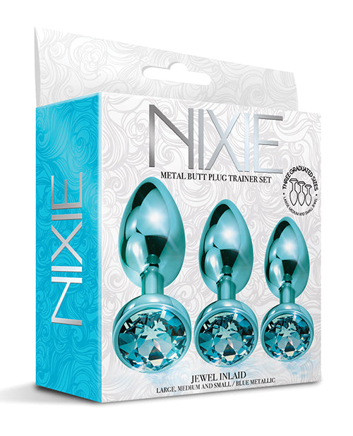Lataa kuva gallerian katseluohjelmaan, Nixie Metal Butt Plug Trainer Set w/Inlaid Jewel - Blue Metallic